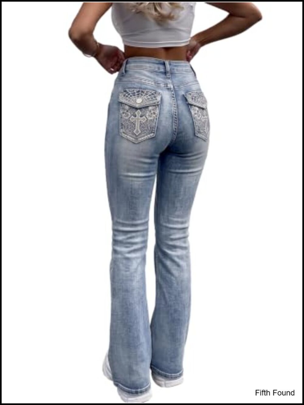 Womens Flare Jeans Embroidered Flap Back Pockets